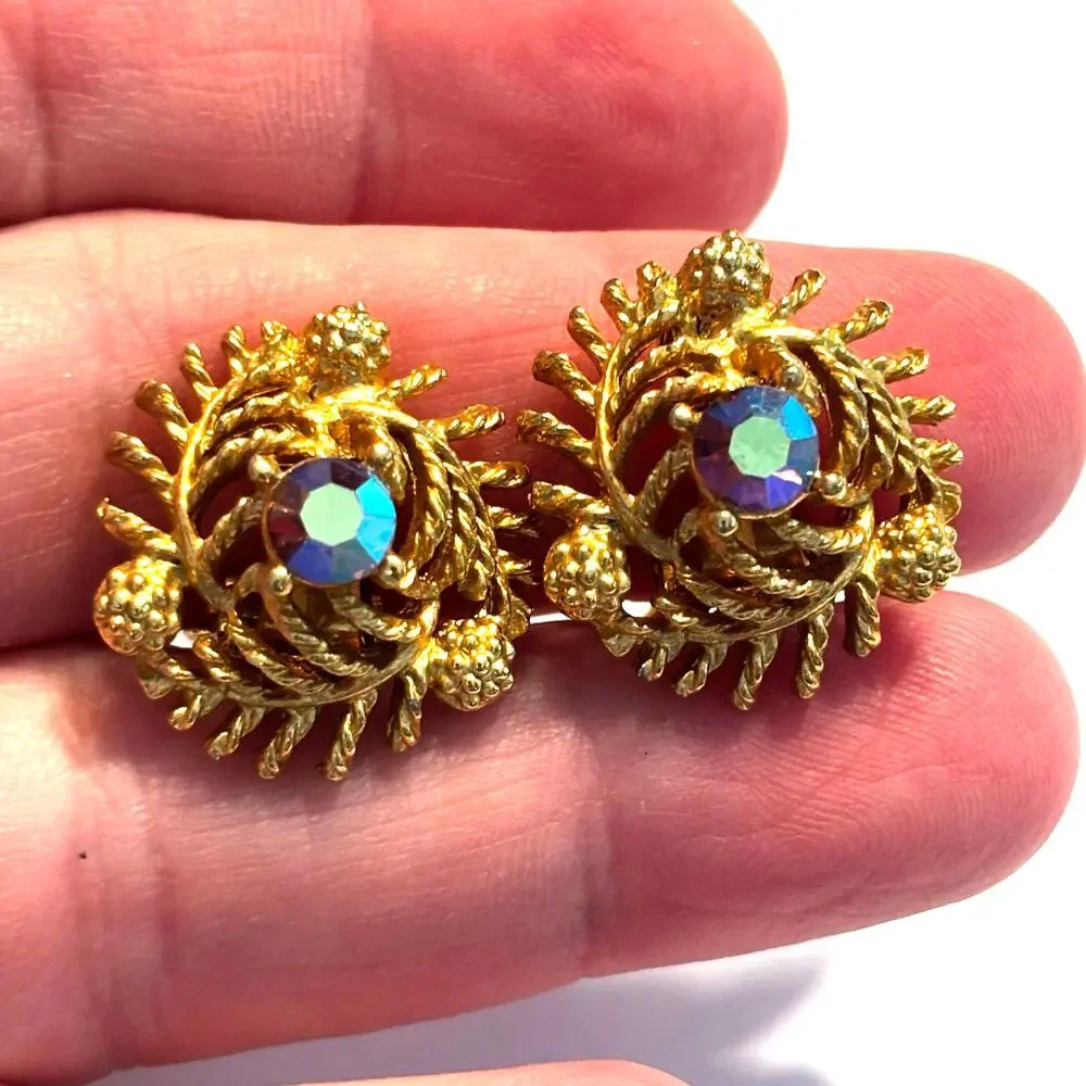 Vintage mid century clip on earrings ornate goldtone & AB center rhinestones